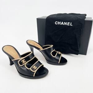 Vintage Chanel Black & Beige Leather CC Logo Slide Mule Heels size EU 36